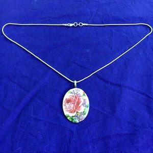 Vintage Floral Painted Sterling Silver Necklace